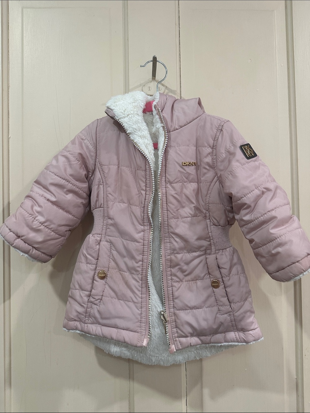 DKNY Girls' Light Pink Quilted Puffer Jacket with Sherpa Trim